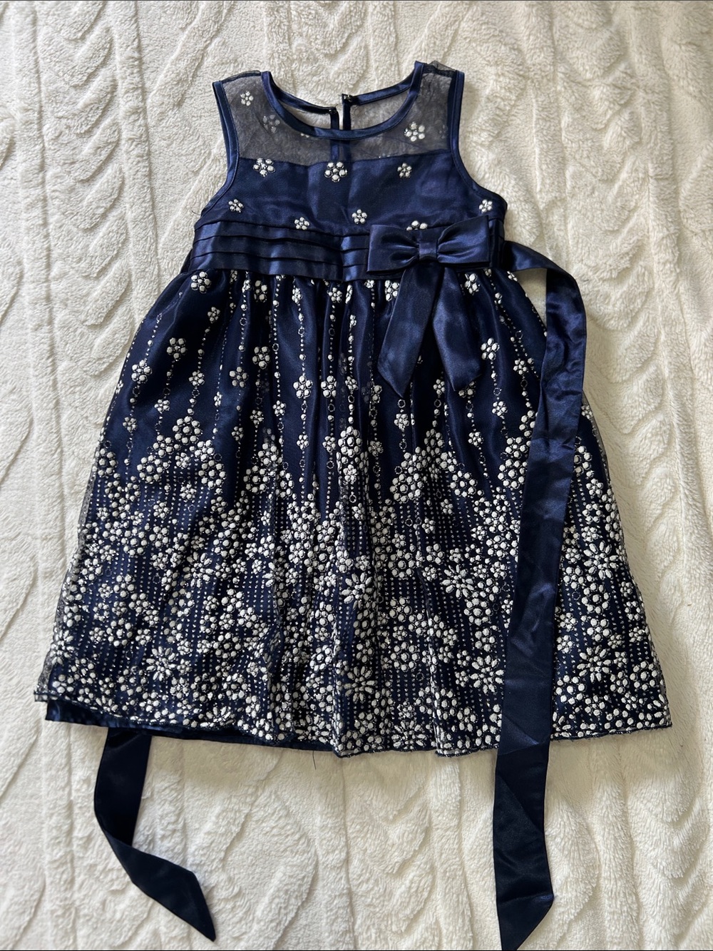 Navy Sleeveless Flower Party Dress with Bow